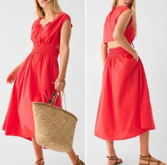 Faherty Dresses & Skirts - Faherty Amalfi Dress Hibiscus Red Orange Back Cutout Midi Cotton Small